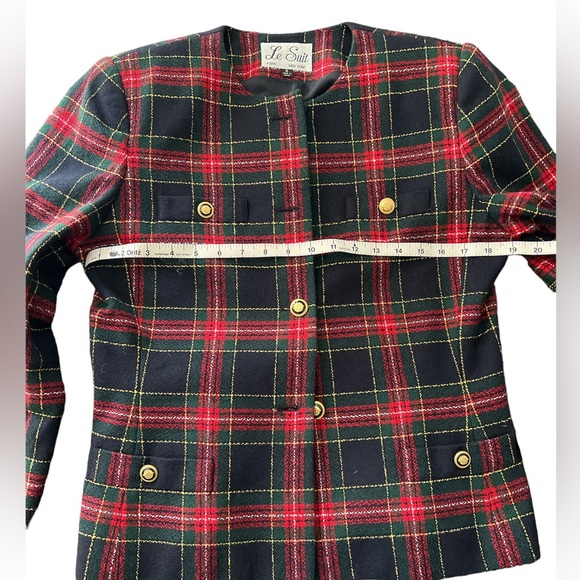 LE SUIT Vintage Collarless Tweed Jacket Black Red Green Gold SZ 8 EUC - Picture 3 of 11